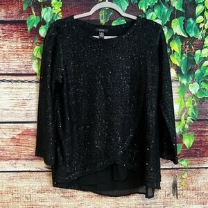 Alfani Black Sequin Shimmer Pullover Blouse Small 3/4 Sleeve Holiday Formal